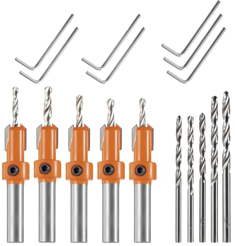 HPMAISON 17Pcs Countersink Drill Bit, Includes 5 Quick Change 8mm Shank Adjustable Countersink Drill Bits, 5 Free Replaceable Drill Bits and 7 Hex Wrench for Woodworking Countersink Drill Bits