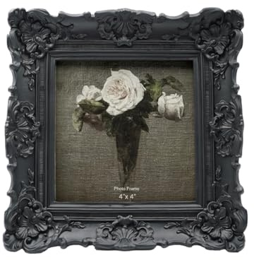 CISOO 4 x 4 inch Vintage Small Picture Frame, Antique Ornate Black Square Photo Frame, Table Top and Wall Decoration, Decorative Floral Design, Retro Home Decor,