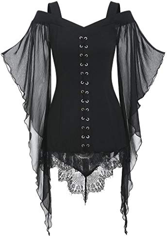 Gothic Oberteile Damen Fledermaus, Punk Kleidung Damen Mittelalter Bluse,Halloween Kostüm Damen Criss Vampir Hexe Tops Viktorian Korsett Schulterfreies Blusentops für Frauen Karneval Cosplay Party