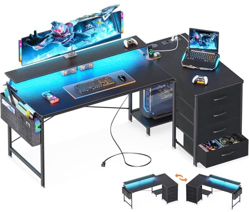 ODK Eckschreibtisch mit 4 Stoff Schubladen, 160x80cm Reversible Schreibtisch L Form mit 2 Steckdosen und 2 USB Ladeanschluss, Gaming Tisch L Form mit LED&Monitorständer für Home Office, Schwarz