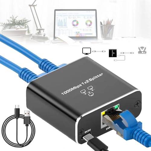 Splitter Ethernet 1 vers 2, 1000Mbps LAN Switch 2 Port, Switch réseau avec câble d'alimentation USB, Splitter LAN pour Ordinateur, routeur, Set-Top Box, TV numérique (A)