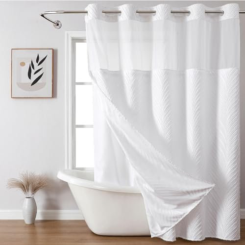 eachope Tenda da doccia e fodera senza gancio, stile bohémien con finestra superiore trasparente, tenda esterna in tessuto bianco trapuntato a righe e fodera interna impermeabile, bianco, 180 x 188 cm
