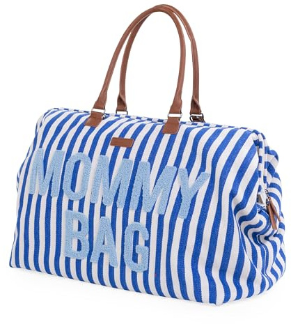 CHILDHOME, Mommy Bag, Wickeltasche, Umstandstasche, Reisetasche, großes Fassungsvermögen, Wickelauflage, Verstellbarer Schultergurt, Unterteilt, Isoliertasche, Durchgang Trolleygriff, Blaue Streifen