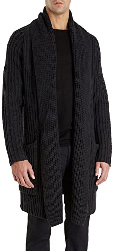Runcati Mens Knitted Cardigan Long Shawl Collar Sweater Autumn Winter Chunky Knit Jacket Open Front Knitwear, Black, XXL