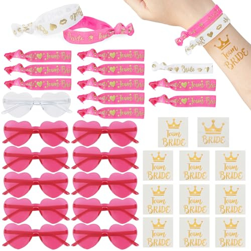 LACGO 33pcs Hen Party Accessories, Hen Do Accessories, Hen Party Decorations with Bride Team Wristband, Heart Shaped Sunglasses, Bride Tattoos for Wedding Bridal Shower Bachelorette Hen Party (Pink)