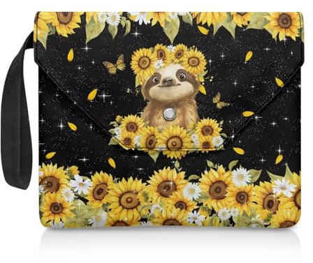 NETILGEN Buchhülle für Leseliebhaber, Geschenke, waschbar, Buchhülle mit gepolstertem Tragegriff, Lesegerät, Geschenk, 30 x 24 cm, Faultier-Sonnenblume, Schwarz