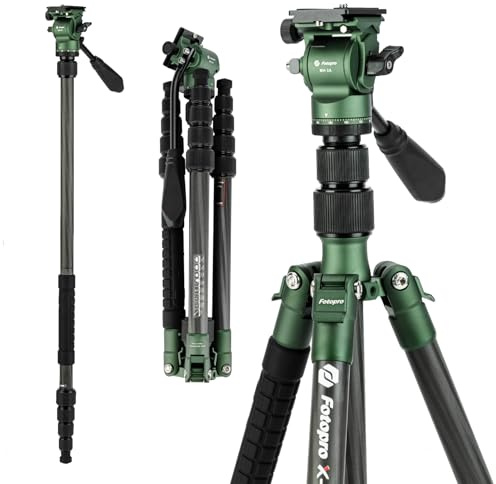 Fotopro Treppiede da viaggio in fibra di carbonio da 157,5 cm, leggero e compatto, con testa fluida, monopiede staccabile con piastra a sgancio rapido Arca-Swiss e borsa, treppiede per fotocamera
