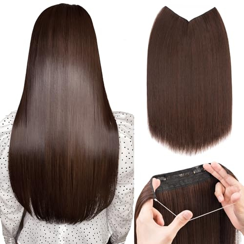 Silk-co Haarverlängerung mit Gummiband, Glatte Extensions mit unsichtbare Schnur und Clips, Synthetisch Haarteil, Haarverdichtung Haar Extensions für Frauen, Mittelbraun mix Dunkelbraun 50 cm