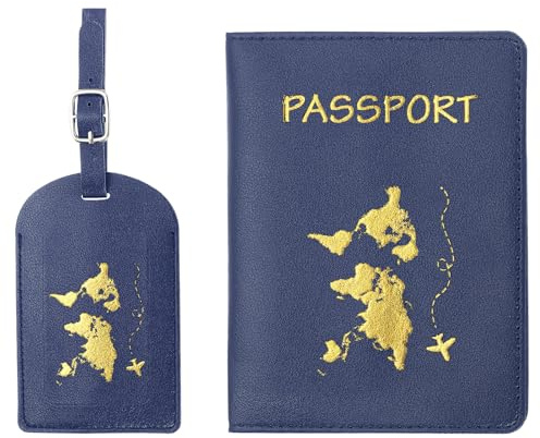 PATIKIL Reisepasshülle Kofferanhänger Set Flugreise Koffer Namensanhänger Tags Reisepass Passport PU-Leder Reisepass Hülle Gepäckanhänger für Kreuzfahrten Reisetasche Dunkelblau