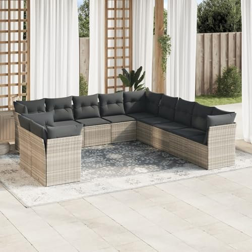 Homgoday 11-TLG. Garten Sofagarnitur mit Kissen Balkonlounge Gartenmöbel Gartenlounge Gartensofa Balkon Sofa Sitzgruppe Lounge Sofa Balkonmöbel Gartenset Hellgrau Poly Rattan