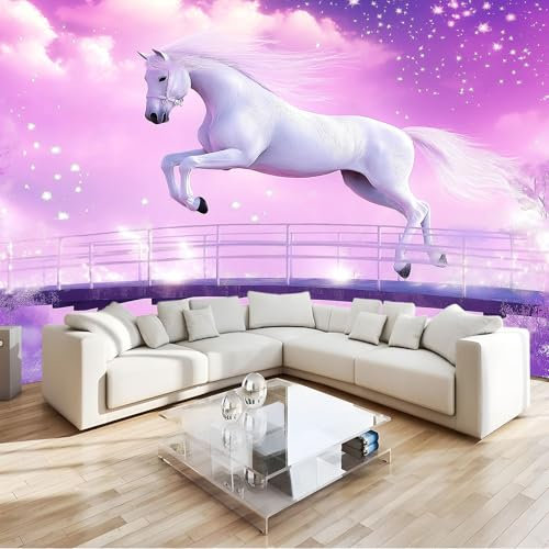 Tapete Fototapete 3D Effekt Fantasiestil Weißes Pferd Brücke Wandbild Wanddeko für Wohnzimmer Schlafzimmer, Rosa Lila Vlies Tapeten mit Geruchsfreiheit Wandposter Wandkunst Tapete, 350 x 256 cm
