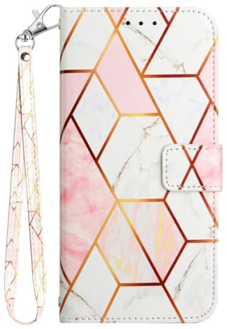 JYNCHDZ for iPhone 12 Case Shockproof PU Leather Bumper Marble Flip Folio Wallet Case with Card Holder Kickstand Magnet Wrist Strap Full Protective Skin Cover for iPhone 12, Pink White