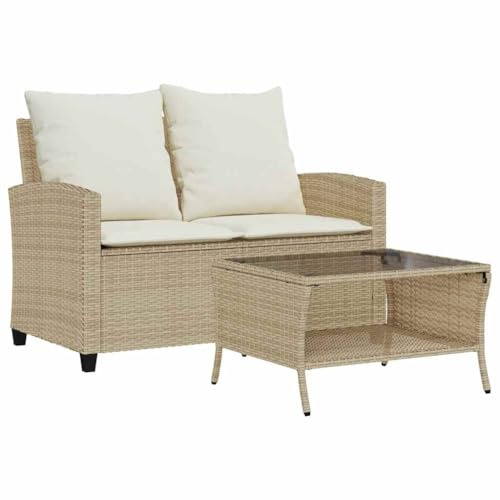 vidaXL Sofá jardín de 2 plazas con cojín y Mesa Beige ratán sintético, sofá de Exterior, sofá de Dos plazas para jardín, sofá de Exterior de 2 plazas