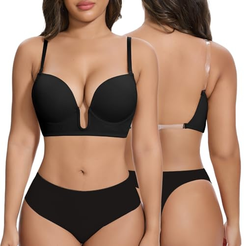 Joyshaper Low Back Bra for Women Plunge U Neck Underwire Push Up Brassieres Backless Bralettes for Wedding Party, Black, M