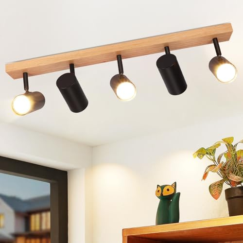 Glitzerlife Deckenstrahler Holz Deckenleuchte 5 Flammig - Deckenlampe Schwarz Deckenspots GU10 Flurlampe Wohnzimmerlampe für Schlafzimmer Flur Kindzimmer Küche MAX.25W (Ohne Leuchtmittel)