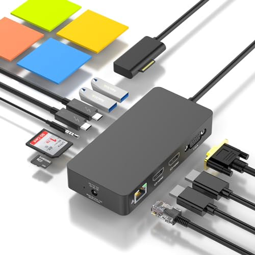 Microsoft Surface Dock 2 avec bloc d'alimentation, station d'accueil 12 en 1 avec double HDMI+VGA pour Surface Pro 11/10/9/8/X/7/6/5/4/3, ordinateur portable 7/6/5/4/3/2/1, station d'accueil Book