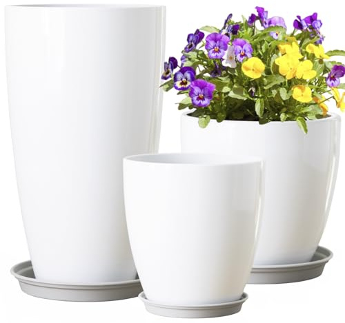 SE SUN-E Macetas Redondas Altas con Agujeros de Drenaje/Plato Macetas Decorativas de plástico para Plantas de Interior y Exterior, macetas Blancas 3 Paquetes 28+30+53cm de Altura