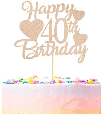 40th Happy Birthday Cake Topper, Rose Gold Glitter Cupcake Topper, 40 Years Old Birthday Cake Decoration for Women Themed Party