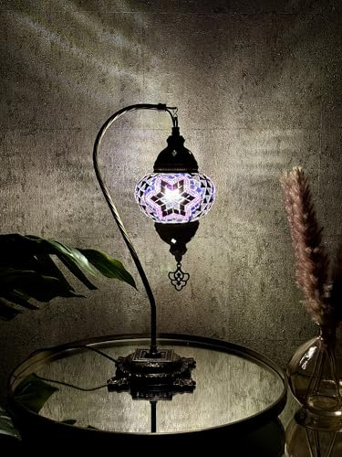Lightza Handmade Turkish Moroccan Mosaic Desk Lamp LED Bulb | Swan Neck Unique Globe Lampshade Table Light | UK Tested Safe Energy Efficient (Purple Turkish)