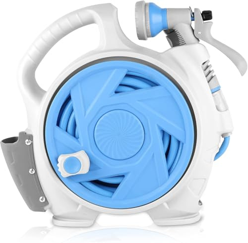 Portable Hose Reel, 45+5FT Garden Hose Reel for Outside with 7 Patterns Spray Nozzle, Lightweight Hose Reel for Gardens Yards and lawns blue
