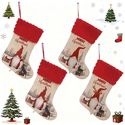 JynxtoyZeal Christmas Stocking 4 Pack Red Christmas Stockings Cartoon Santa Claus Stocking Personalized Xmas Hanging Stockings for Christmas Tree Fireplace Decor Candy Pouch Bag