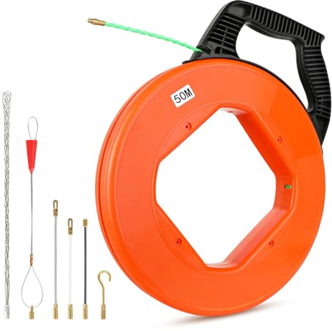 Kabeleinziehhilfe 4,5mm 50m, Einziehspirale aus Polyester mit 6 Führungsfedern & ergonomischem Griff, Einziehfeder, Zugdraht und Kabelziehhilfe für Elektroinstallationen in Leerrohren