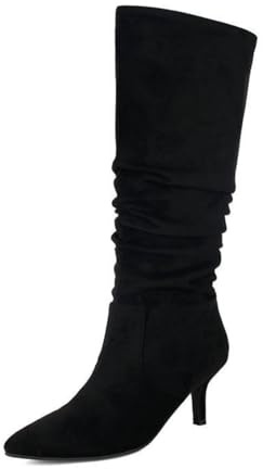 Knähöga stövlar i mocka för dam, eleganta knähöga stövlar med spetsig tå veckad design och stilettklackar höga stövlar höst- och vinterslip-on-skor för utomhusfester,Black,36 EU