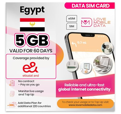 Love Mobile Data Only Sim Card - International Multi-Network 4G/5G Prepaid Pay As You Go Data Sim for Mobile Phones, WiFi Routers & More, UK, Egypt (etisalat &) - 5GB for 60 Days