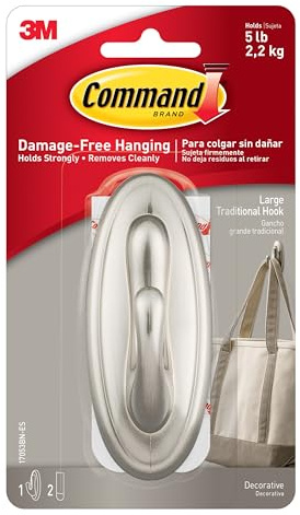 Command 5 lb Large Brushed Nickel Color Hook, 1 Hook and 2 Command Strips, Damage-Free Coat Hooks with Adhesive Strips, Traditional Hooks for Hanging Home Decor and Room Decor