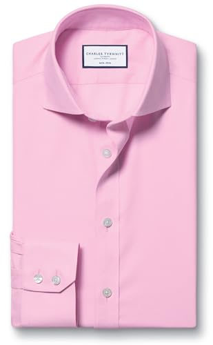Charles Tyrwhitt Shirts for Men - Pink Non Iron with 100% Cotton Twill - Formal Dress Shirt for Work, Business & Weddings - Extra Slim Fit with Cutaway Collar