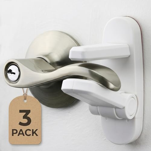 Door Lever Lock (3 Pack) Prevents Toddlers from Opening Doors. 3.25 L * 1.5 W * 4.5 H Easy One Hand Operation for Adults. Durable ABS with 3M Adhesive Backing. Simple Install, No Tools Needed.
