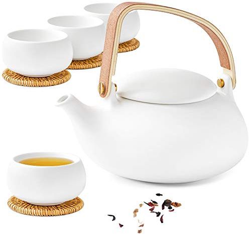 ZENS Modern Japanese Tea Set, 27 oz Ceramic Japanese Teapot with Fine Stainers and 4 Cups for Loose Leaf Tea Steeper, Wood Handle Matte Japanese Teapots Hot Tea Brewer for Tea Party Women Gifts