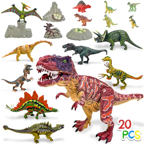 GizmoVine Dinosaure Jouet, 20 Enfant Figurine Dinosaures Kit, Dã©Tails Rã©alistes, Mã¢Choire Mobile, Grand Dino INCL. 25cm T. Rex, Triceratops, Velociraptor, Mini Dinausore INCL. Pterodactyle, Tiptoi