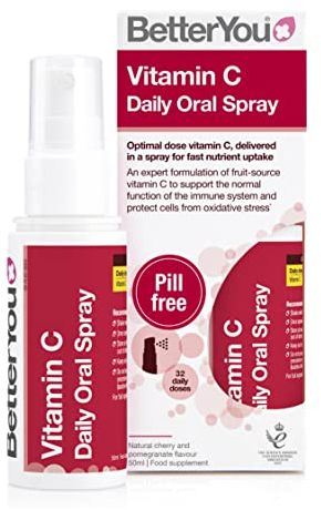 BetterYou Vitamin C Oral Spray, Fast Acting High Strength Vitamin C Supplement, Supports Immune System and Protect Cells from Oxidative Stress, 1-Month Supply, Natural Cherry & Pomegranate Flavour