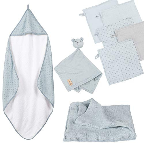 roba Babyvårdspresent - Set vid födseln - Handduk, tvättlappar, gosedjur & filt - Ekologisk bomull - GOTS-certifierad - för flickor & pojkar - Ljusblå