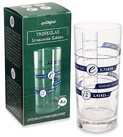 getDigital Irrationale Zahlen Trinkglas - 400 ml Mathe Nerd Glas mit Deziliter Markierungen, Hochwertiges Wasserglas, Spülmaschinengeeignet - Geschenkidee für Mathematiker, Studenten & Geeks