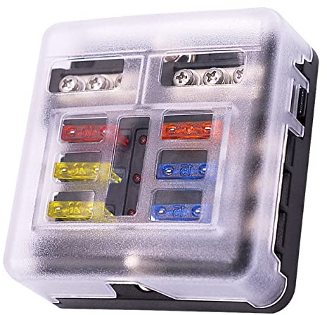 6 Way Fuse Block,12V Blade Fuse 6 Circuit ATC/ATO Waterproof Fuse Box Holder with LED Indicator Waterpoof Cover for 12V/24V Automotive Truck Boat Marine RV Van Vehicle