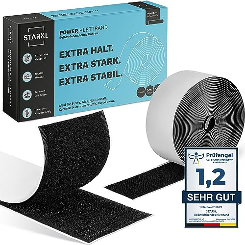 STARKL® Klettband Selbstklebend - BPA Frei - 5m x 50mm - Klettverschluss Selbstklebend Schwarz - Extra Stark u. Extra Breit -Doppelseitiges Klettband für Innen und Außen