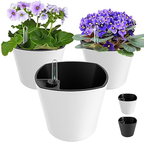 Macetas redondas de 7 pulgadas con autorriego para plantas de interior, con indicador de nivel de agua, color blanco, paquete de 3 macetas de autorriego para todas las orquídeas, aloe, hierbas