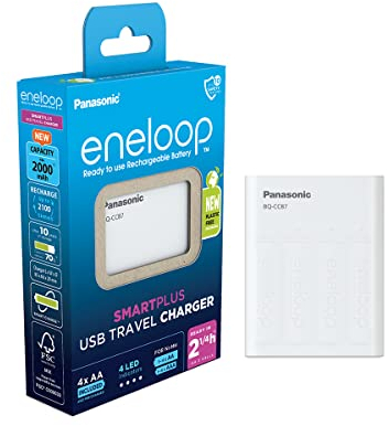 eneloop SmartPlus Travel charger, for 1-4 AA/AAA Rechargeable Batteries, 2.25h Charging Time, 10 Safety Features, 4 eneloop AA Batteries Included (2000 mAh), USB