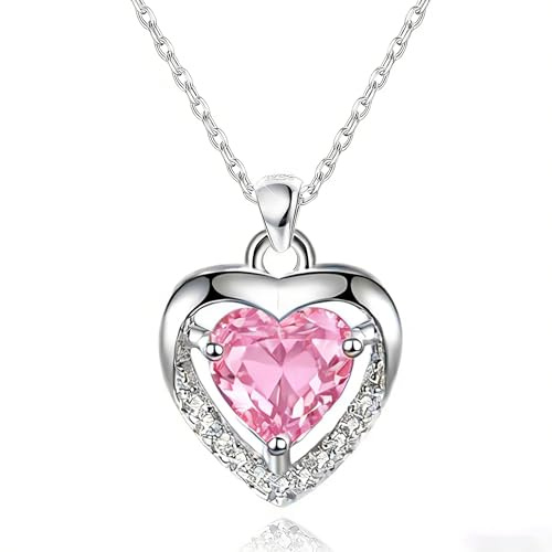 EXGOX Silver Heart Necklaces, 925 Sterling Silver Necklace for Women Crystal Heart Necklace Dainty Love Heart Necklace Adjustable Silver Chain Necklace Women Birthday Gift (Pink-Crystal Heart)