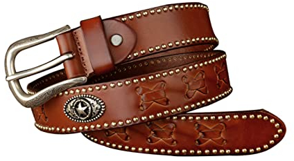 Punk Star Nieten Echtleder Gürtel für Männer/Frauen Rock Style Denim Gothic Nietengürtel für Jeans Hosen Hip Hop Gothic Kleidung, 38mm breit,Braun,120cm/waist:40~42