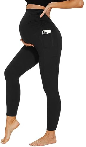 DDOBB Leggings de grossesse pour femmes avec poches Taille haute Pantalon de grossesse en tissu opaque Leggings de maternité souples et élastiques Vêtements de grossesse pour la maison Yoga Sport