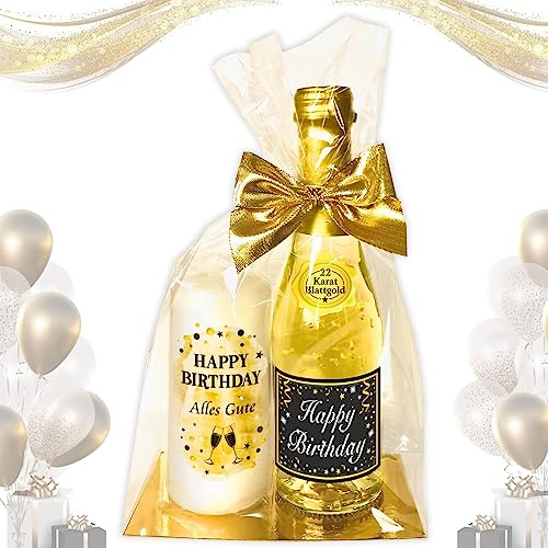 Hochwertiges Geschenkset zum Geburtstag - „Happy Birthday“ GOLD Schwarz mit Geburtstagskerze - Set mit Piccolo Secco Sekt und Stumpenkerze Kerze | Geburtstagsgeschenk | Pfeif auf's Alter