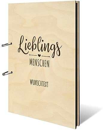 Personalisiertes Geburtstag Fotoalbum echtes Holz DIN A4 Erinnerungsbuch mit Lasergravur - Lieblingsmenschen - mit 25 Blatt / 50 Seiten Fotokarton Schwarz