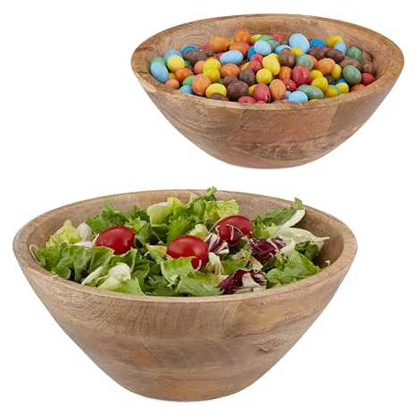 Relaxdays Juego de 2 Ensaladeras de Madera de Mango, Cuencos Redondos para Ensalada, Fruteros Ø 18, 23 y 29 cm, Marrón, Caucho, Negro, 12 x 29 cm