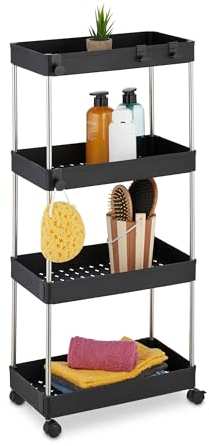 Relaxdays Nischenwagen, 4 Etagen, mit Rollen, Küche, Bad, Rollwagen, 88 x 41,5 x 23,5 cm, Kunststoff, Edelstahl, schwarz