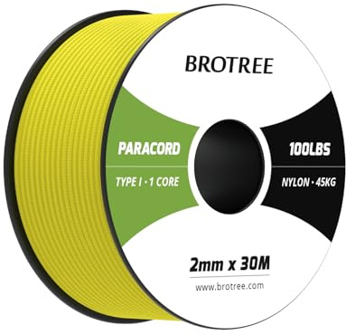 Brotree Paracord 2mm 30M 100% Nylonrep 1 Tråd Typ I Snöre för Utomhus, Hundhalsband, Armband, Camping - 45kg Brottlast (Neongul)