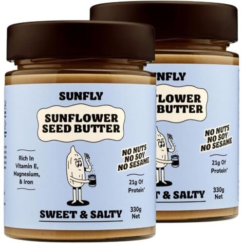 SUNFLY Sweet & Salty Sunflower Seed Butter – Palm Oil Free, Peanut Butter Alternative - Nut-Free, High-Protein, Vegan Spread - Top 14 Allergen & Soy Free - Rich in Vitamins & Minerals - 2 x 330g Jars