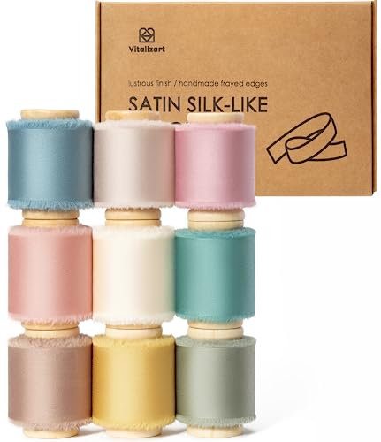Vitalizart Nastro di Raso Setoso 9 Colori, Nastro Sfrangiato 3,8 cm x 13,7 m, Nastri di Tessuto con Frange Fatti a Mano per Confezioni Regalo, Decorazioni per Feste, Bouquet da Sposa